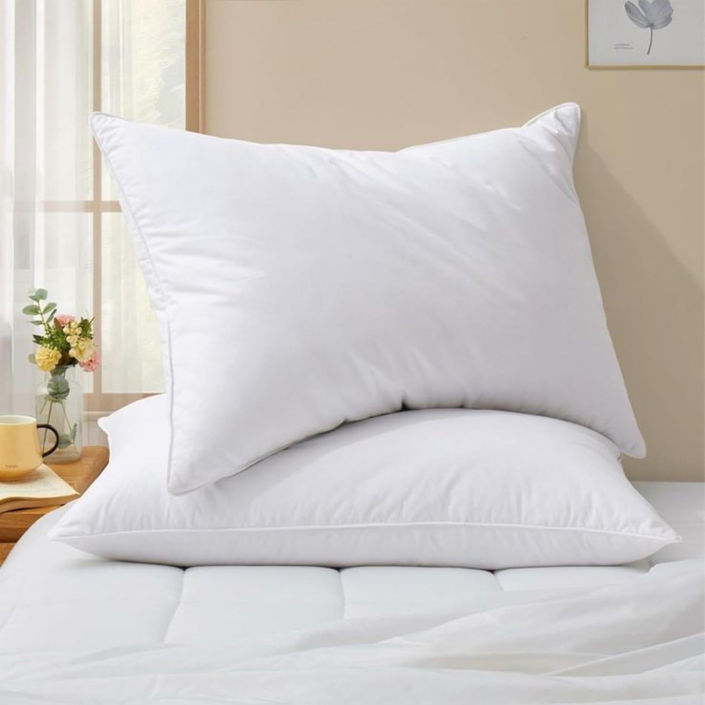 VELORDEC Luxury Siberian Goose Down Feather Bed Pillow - Standard Size, White, 90x50cm,16cm Thick,1000 Thread Count Cotton Fill, Hotel Sleep Pillow For Side Support and Back Sleeper
