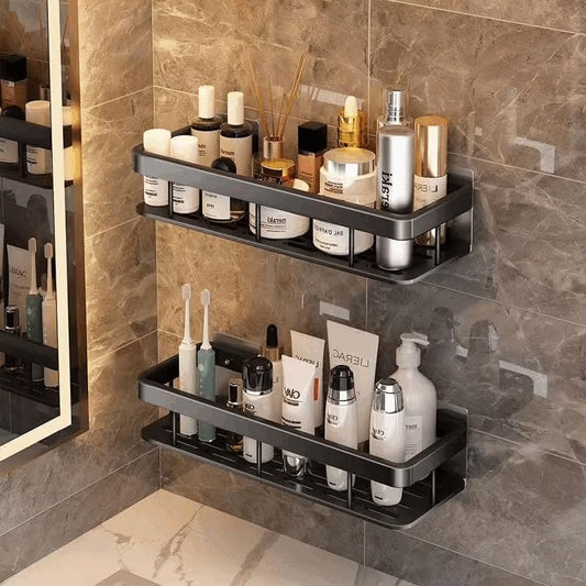 VELORDEC Shower Caddy Shelf- Self Adhesive No Drilling- Bathroom Shower Rack- Wall Mounted -Organizer with Rustproof Basket-Toilet and Kitchen Storage-Pack (2PCS Black.)