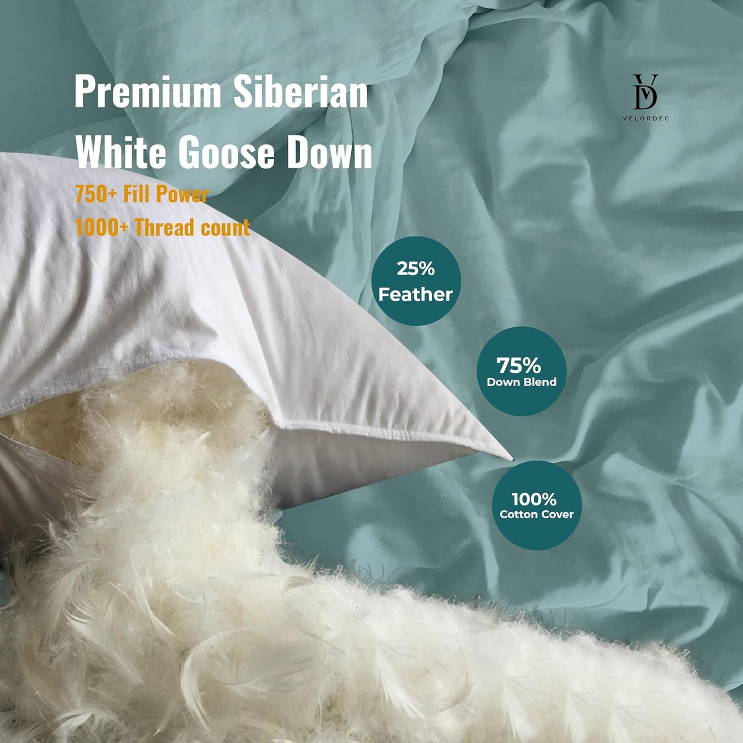 VELORDEC Luxury Siberian Goose Down Feather Bed Pillow - Standard Size, White, 90x50cm,16cm Thick,1000 Thread Count Cotton Fill, Hotel Sleep Pillow For Side Support and Back Sleeper