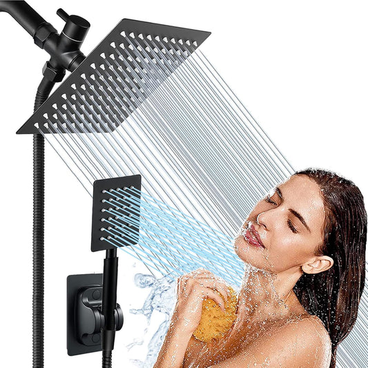 VELORDEC High Pressure Square Rain Shower Head Combo, Equipped with all Metal Hand Shower, 78 Extra Long Hose, 3-Way Diverter, Adhesive Shower Head Holder (Square Shower Head Set Black)